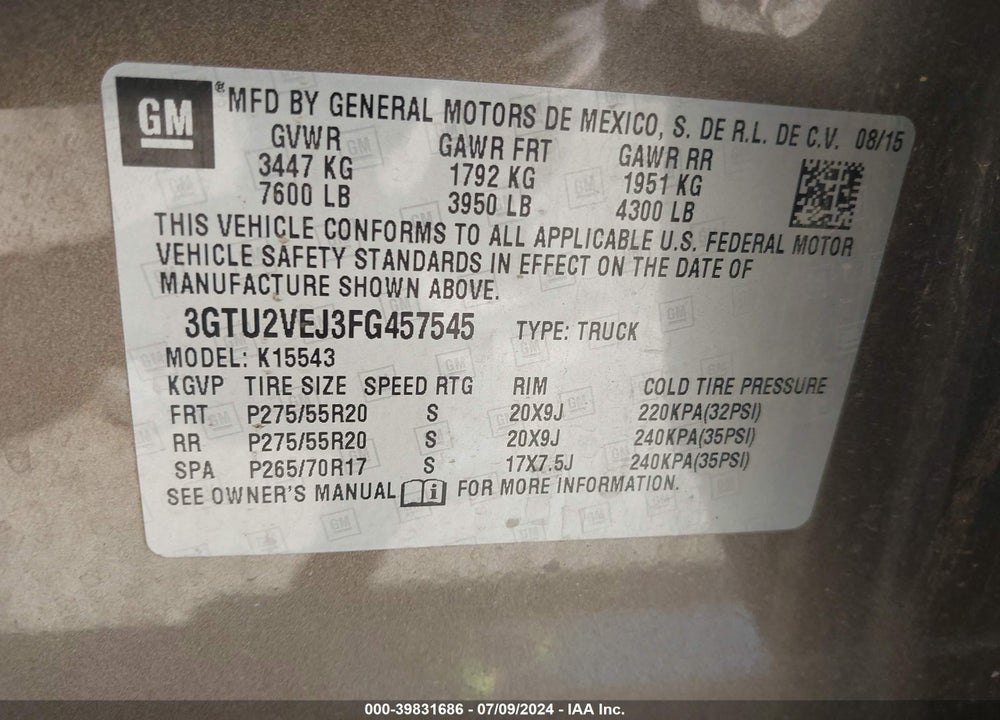 2015 GMC SIERRA 1500 SLT VIN: 3GTU2VEJ3FG457545
