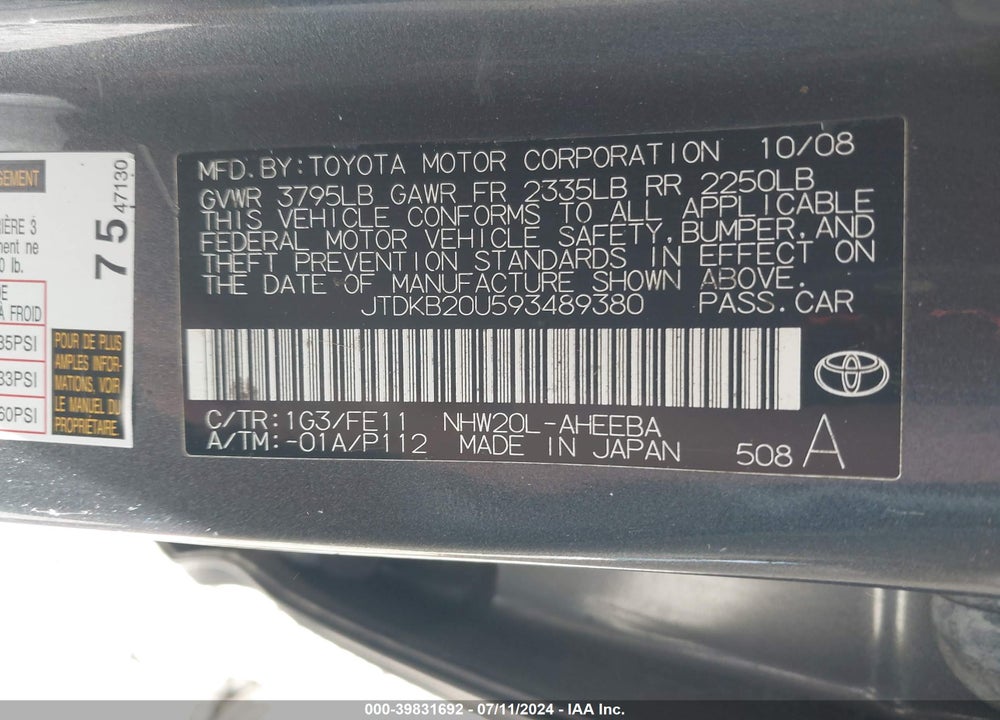 2009 TOYOTA PRIUS VIN: JTDKB20U593489380