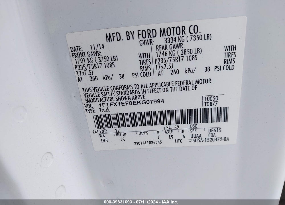 2014 FORD F-150 XL VIN: 1FTFX1EF8EKG07994