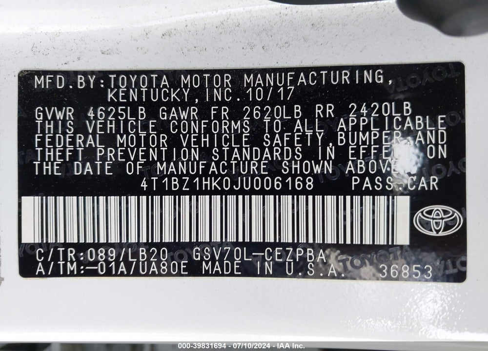 2018 TOYOTA CAMRY XSE V6 VIN: 4T1BZ1HK0JU006168