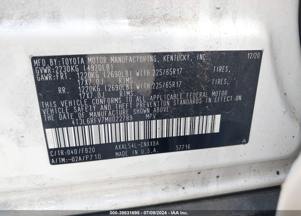 2021 TOYOTA RAV4 HYBRID LE VIN: 4T3L6RFV7MU022789