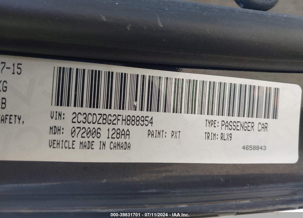 2015 DODGE CHALLENGER VIN: 2C3CDZBG2FH888954
