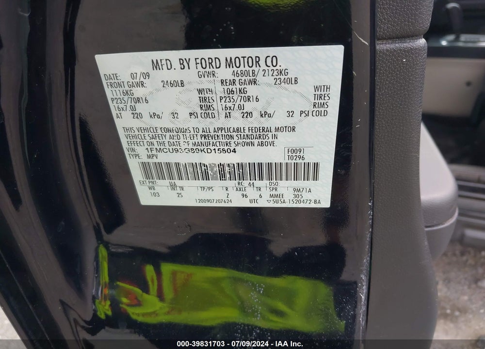 2009 FORD ESCAPE XLT VIN: 1FMCU93G89KD15804