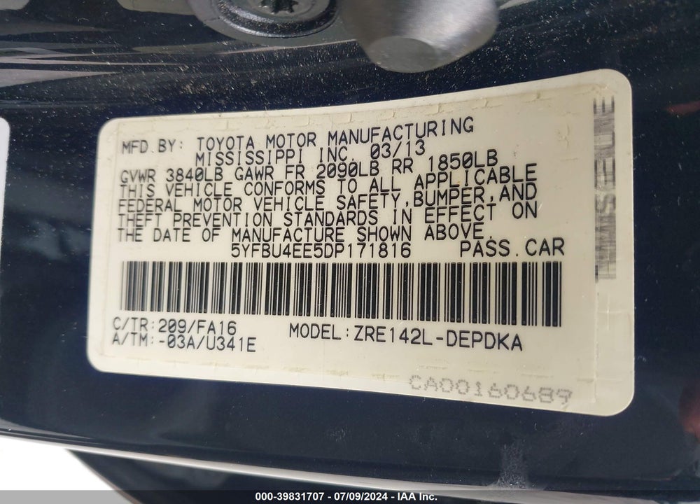 2013 TOYOTA COROLLA L VIN: 5YFBU4EE5DP171816