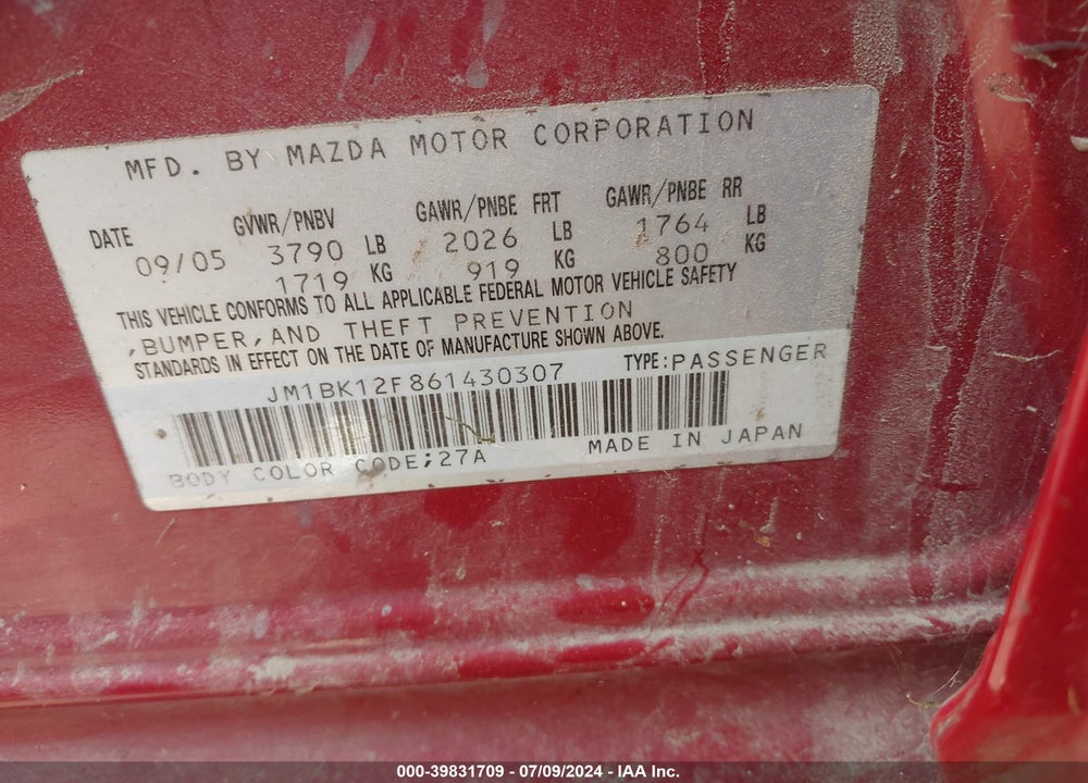 2006 MAZDA MAZDA3 VIN: JM1BK12F861430307