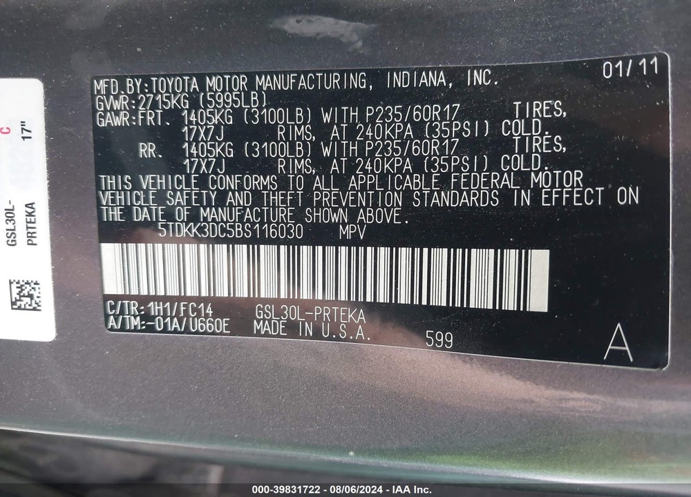 2011 TOYOTA SIENNA LE V6 VIN: 5TDKK3DC5BS116030