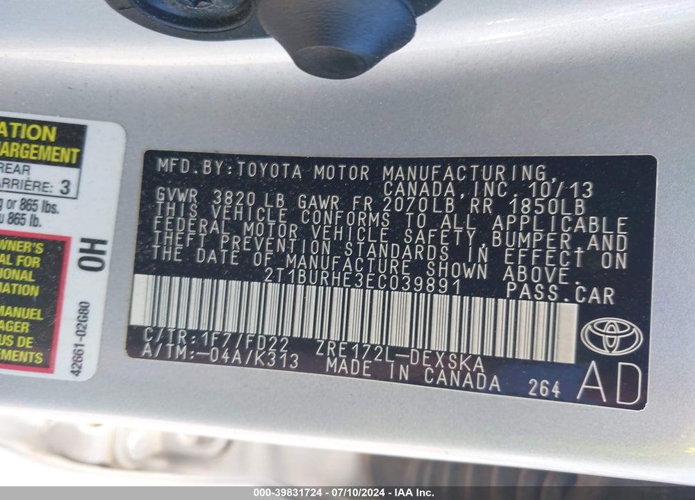 2014 TOYOTA COROLLA S PLUS VIN: 2T1BURHE3EC039891