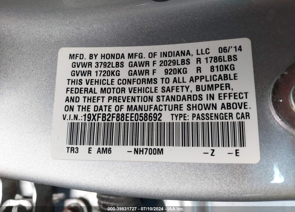 2014 HONDA CIVIC EX VIN: 19XFB2F88EE058692