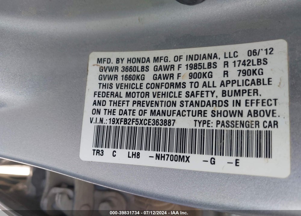 2012 HONDA CIVIC LX VIN: 19XFB2F5XCE363887