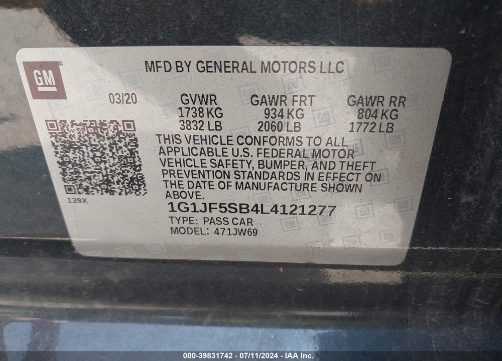 2020 CHEVROLET SONIC FWD  PREMIER VIN: 1G1JF5SB4L4121277