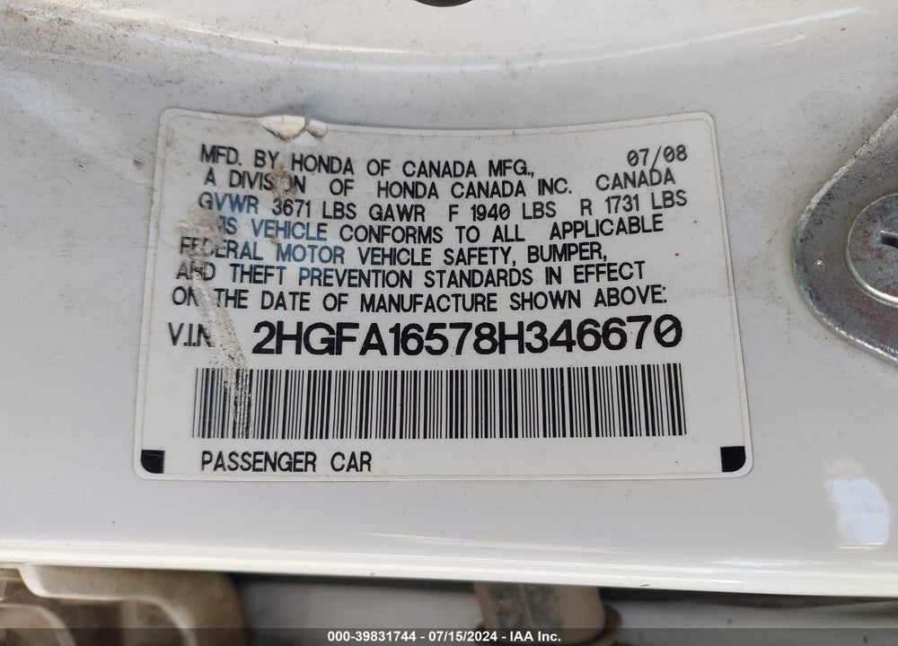 2008 HONDA CIVIC LX VIN: 2HGFA16578H346670