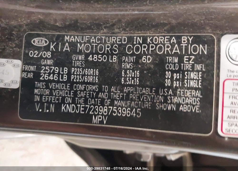 2008 KIA SPORTAGE LX V6 VIN: KNDJE723987539645