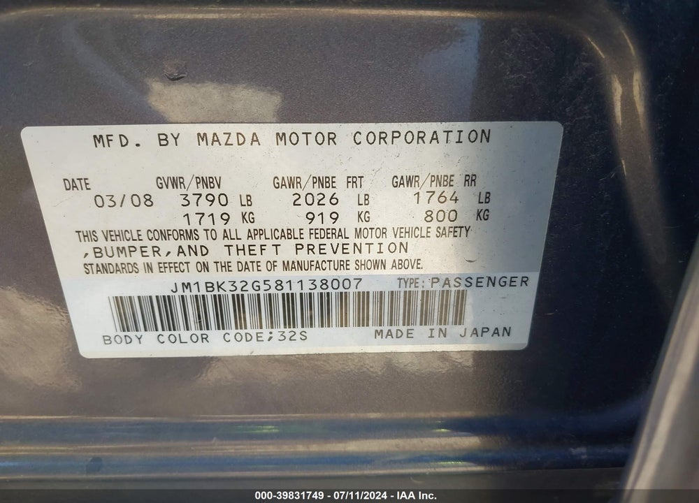 2008 MAZDA 3 I TOURING VALUE VIN: JM1BK32G581138007