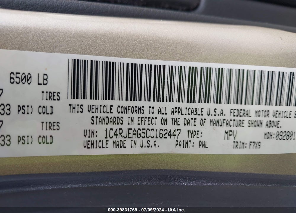 2012 JEEP GRAND CHEROKEE LAREDO VIN: 1C4RJEAG5CC162447
