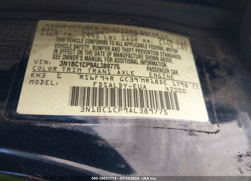2010 NISSAN VERSA 1.8S VIN: 3N1BC1CP9AL389775