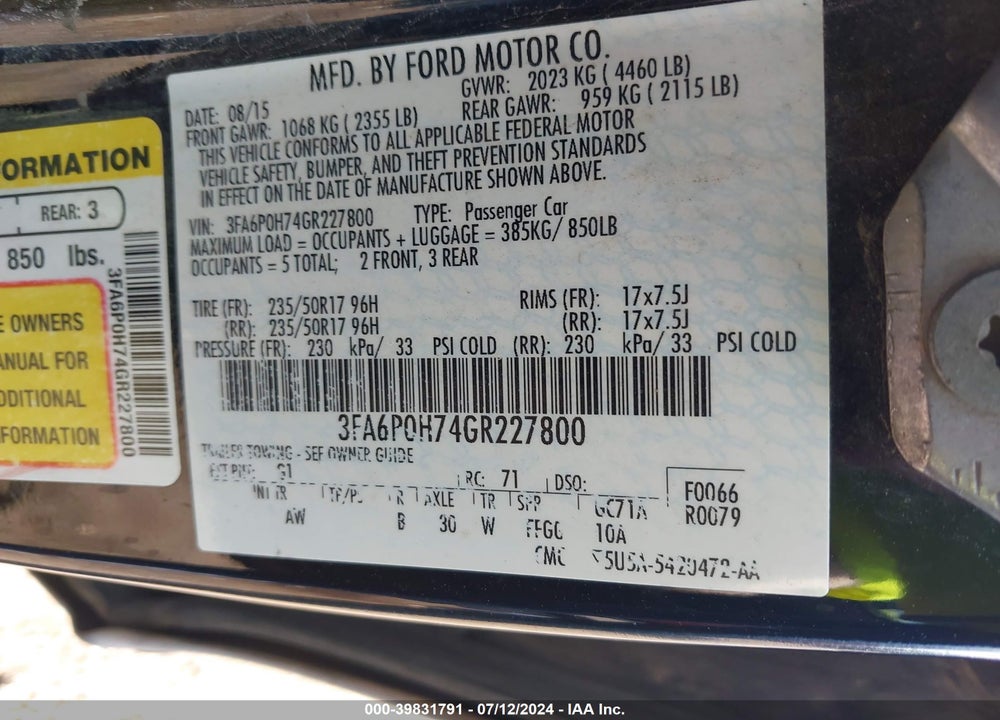 2016 FORD FUSION SE VIN: 3FA6P0H74GR227800