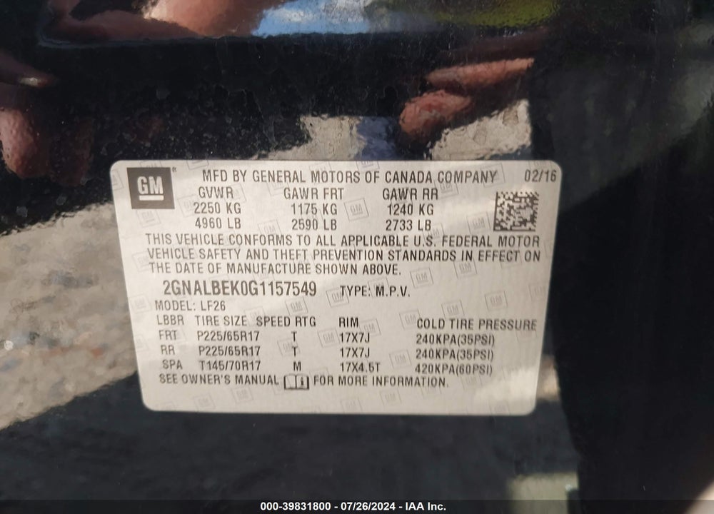 2016 CHEVROLET EQUINOX LS VIN: 2GNALBEK0G1157549