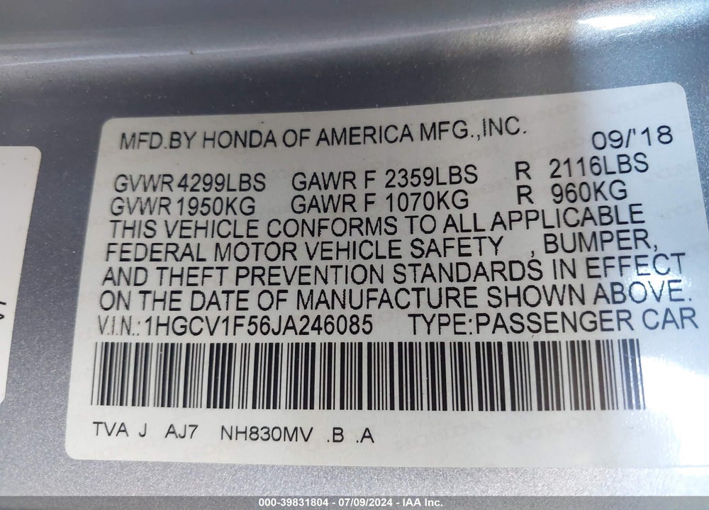2018 HONDA ACCORD EX-L VIN: 1HGCV1F56JA246085