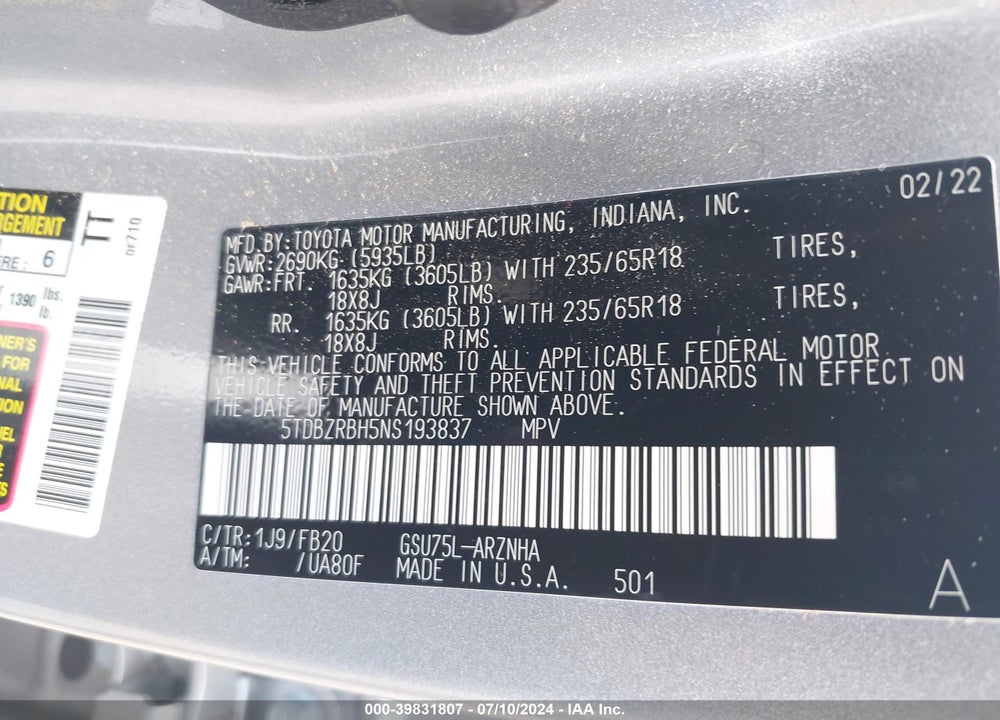 2022 TOYOTA HIGHLANDER VIN: 5TDBZRBH5NS193837