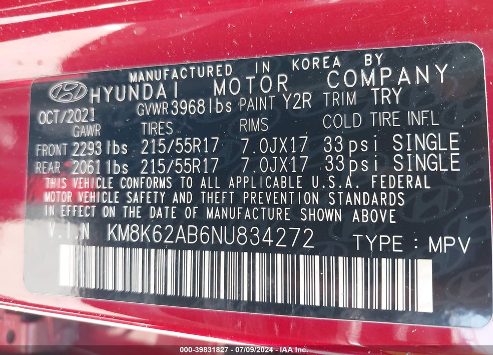 2022 HYUNDAI KONA SEL VIN: KM8K62AB6NU834272