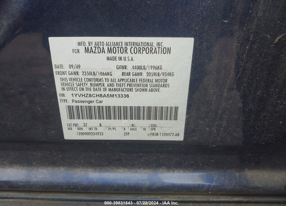 2010 MAZDA 6 I TOURING PLUS VIN: 1YVHZ8CH8A5M13338
