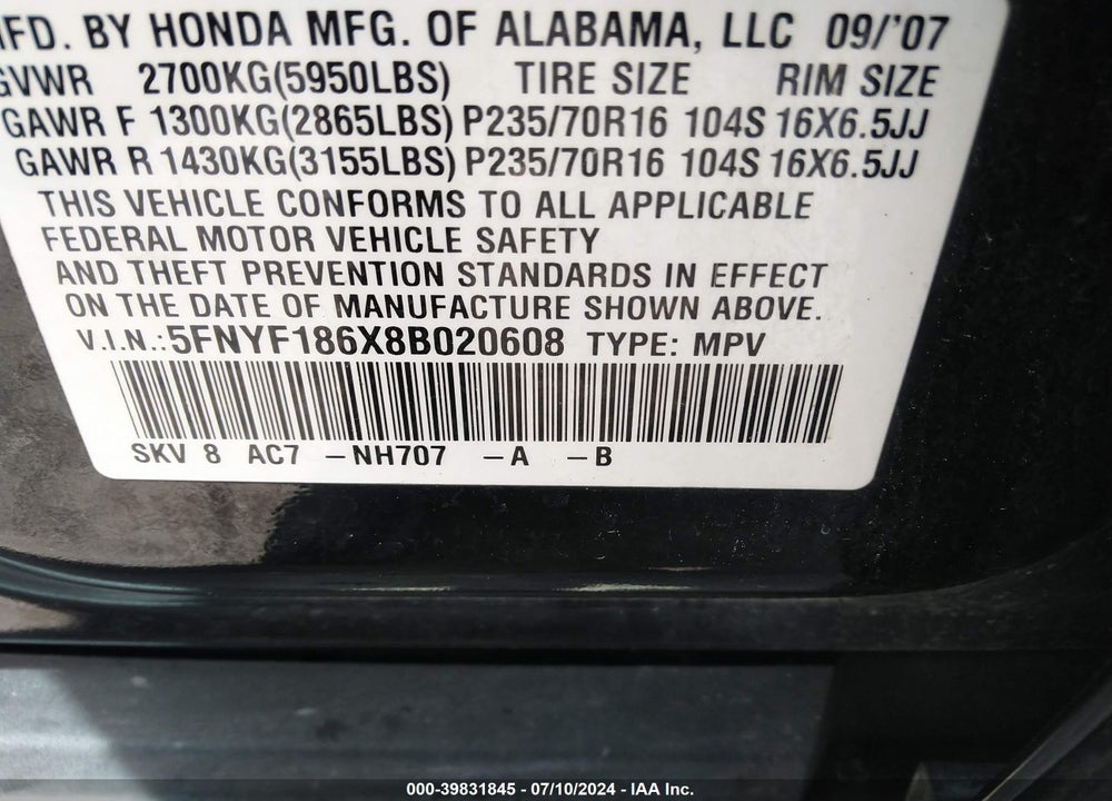 2008 HONDA PILOT EX-L VIN: 5FNYF186X8B020608