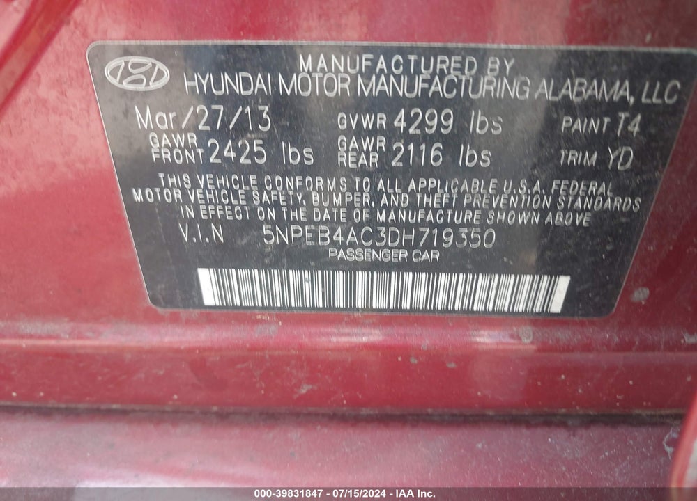 2013 HYUNDAI SONATA GLS VIN: 5NPEB4AC3DH719350