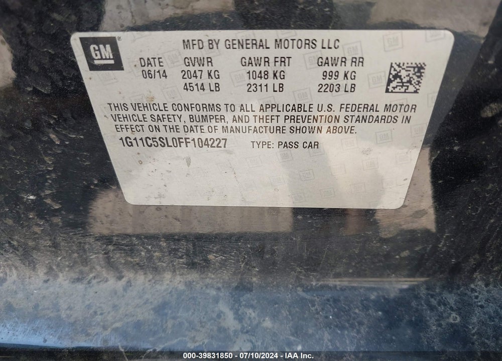 2015 CHEVROLET MALIBU 1LT VIN: 1G11C5SL0FF104227