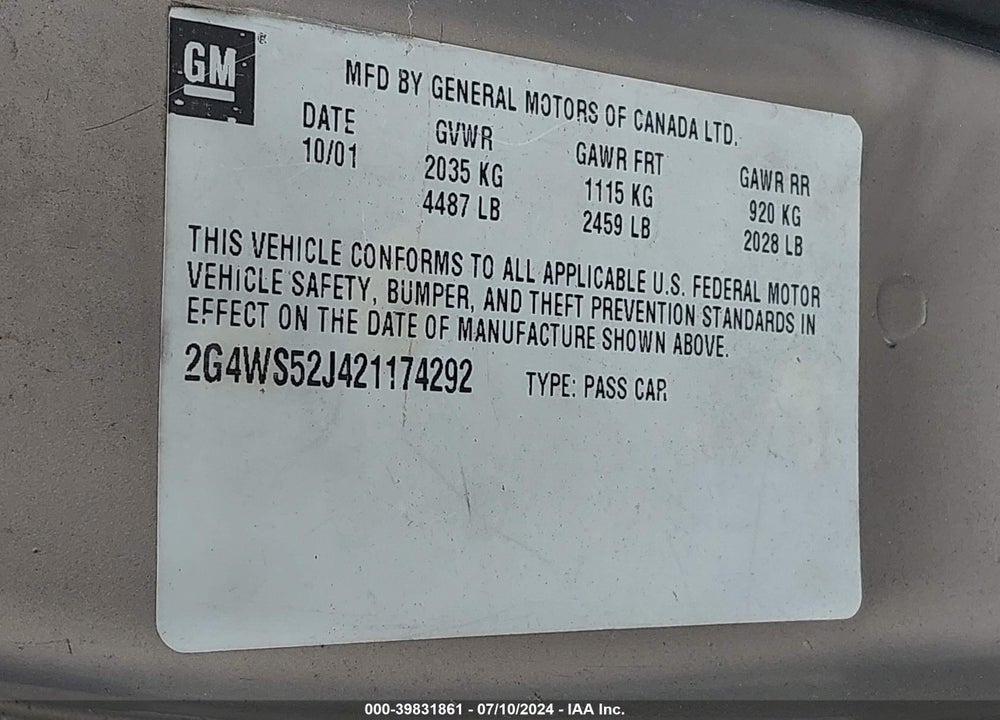 2002 BUICK CENTURY CUSTOM VIN: 2G4WS52J421174292