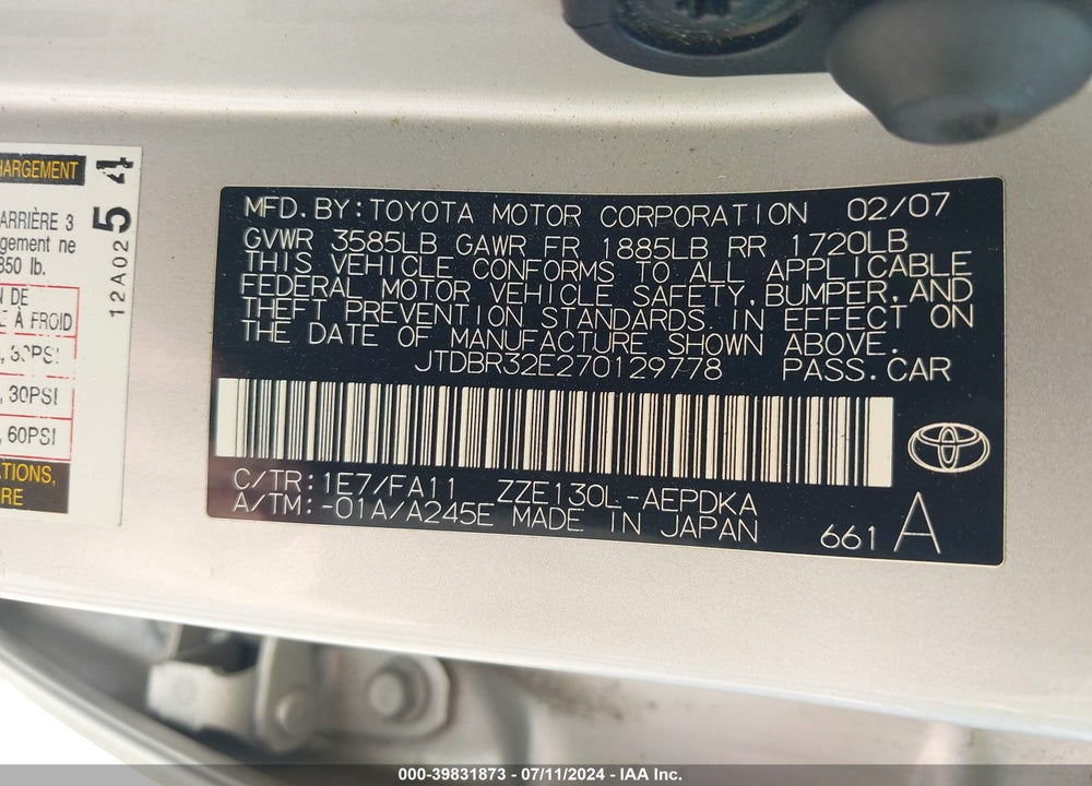 2007 TOYOTA COROLLA CE VIN: JTDBR32E270129778