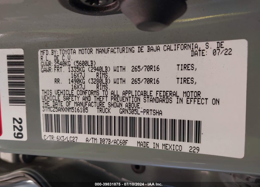 2022 TOYOTA TACOMA TRD OFF ROAD VIN: 3TMCZ5ANXNM516185