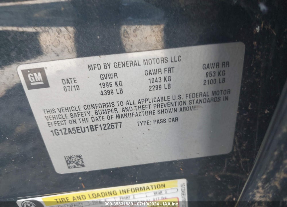 2011 CHEVROLET MALIBU LS VIN: 1G1ZA5EU1BF122677