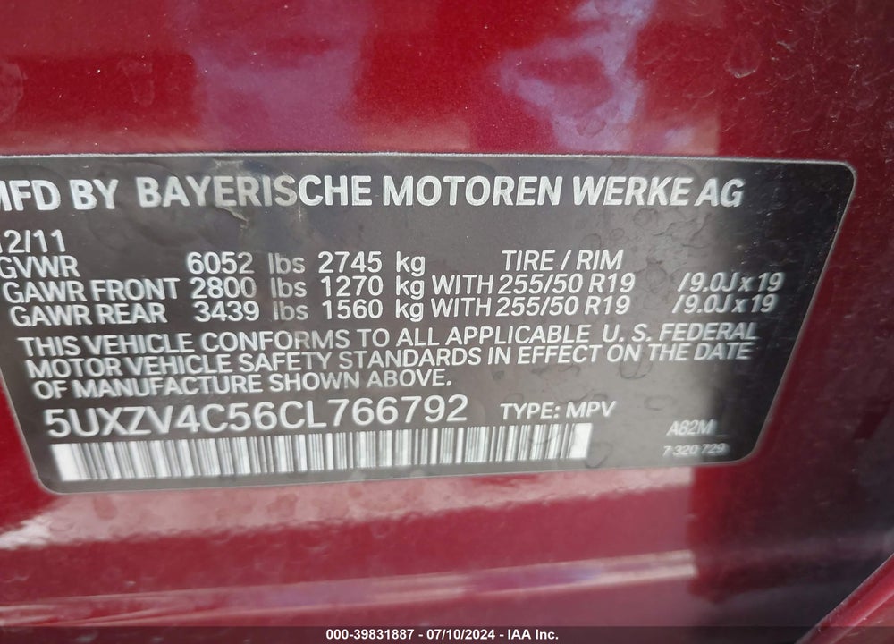 2012 BMW X5 XDRIVE35I/XDRIVE35I PREMIUM/XDRIVE35I SPORT ACTIVITY VIN: 5UXZV4C56CL766792