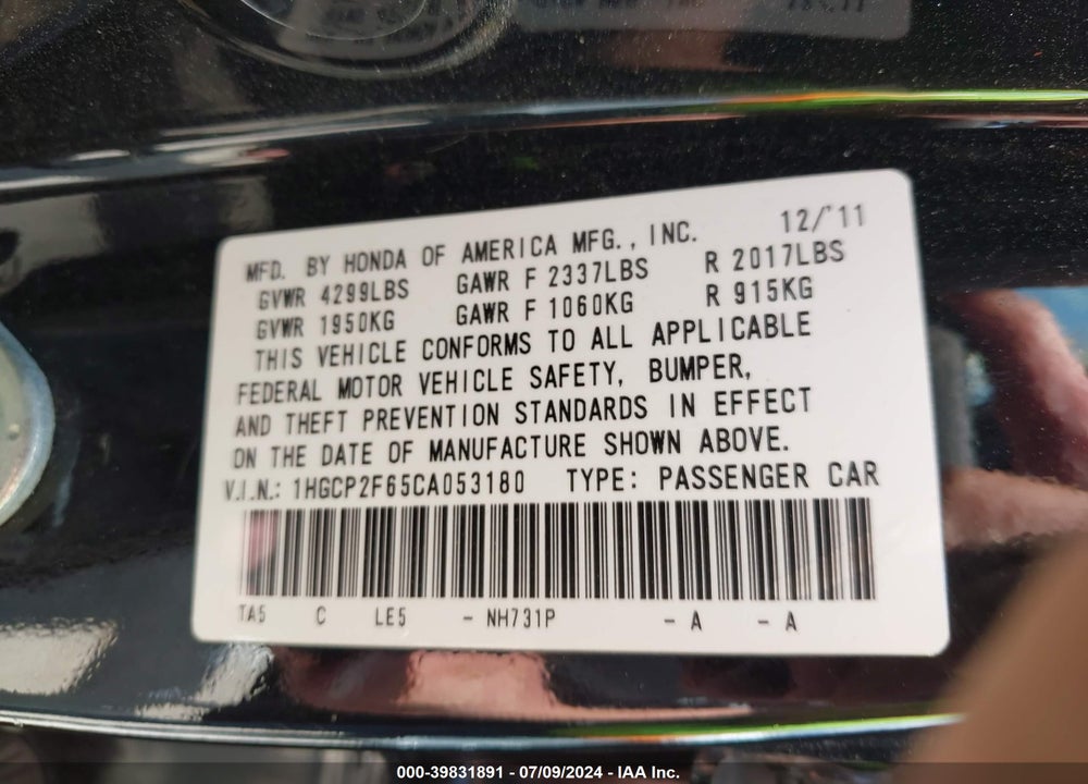 2012 HONDA ACCORD 2.4 SE VIN: 1HGCP2F65CA053180