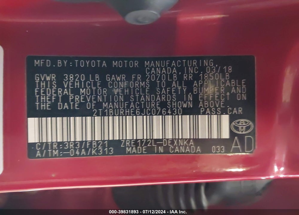 2018 TOYOTA COROLLA LE VIN: 2T1BURHE6JC076430