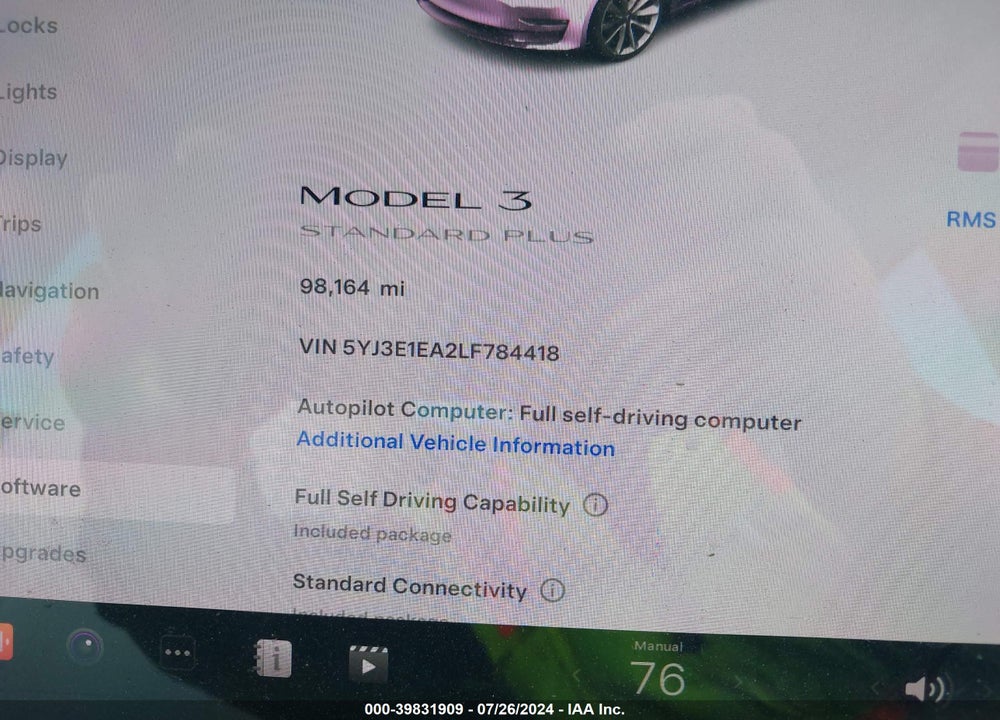 2020 TESLA MODEL 3 STANDARD RANGE PLUS REAR-WHEEL DRIVE/STANDARD RANGE REAR-WHEEL DRIVE VIN: 5YJ3E1EA2LF784418