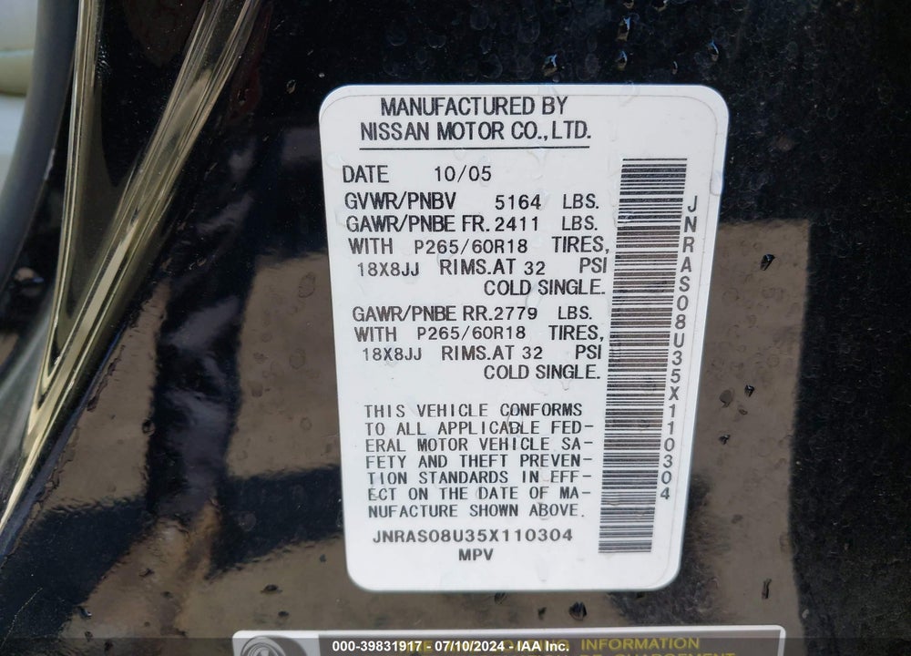 2005 INFINITI FX35 VIN: JNRAS08U35X110304