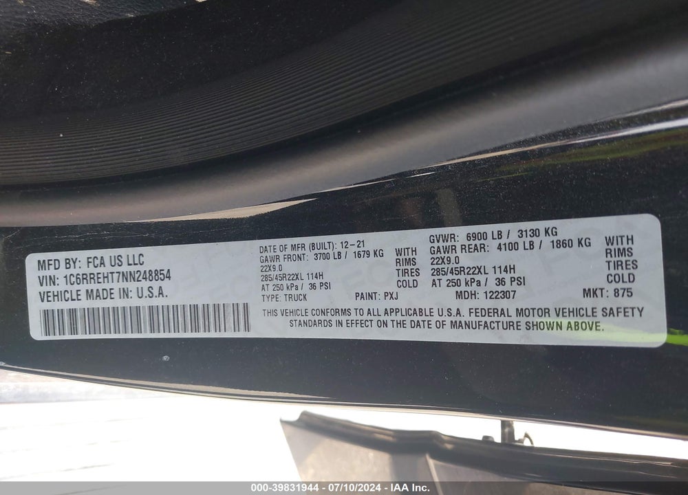 2022 RAM 1500 LIMITED  4X2 5'7 BOX VIN: 1C6RREHT7NN248854
