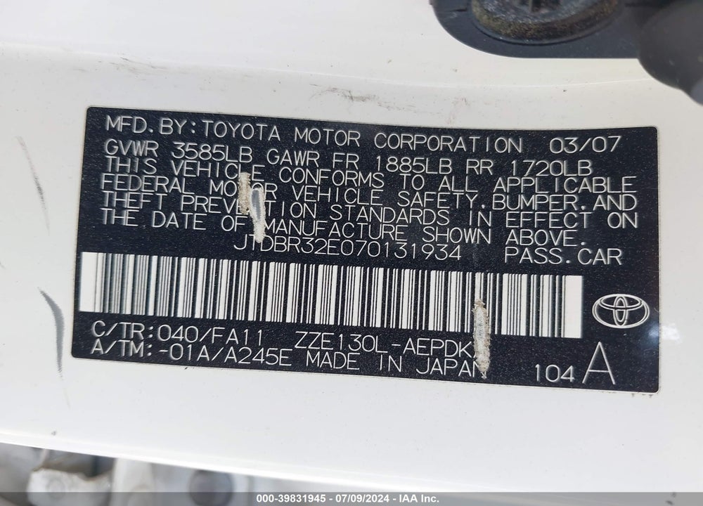 2007 TOYOTA COROLLA CE VIN: JTDBR32E070131934