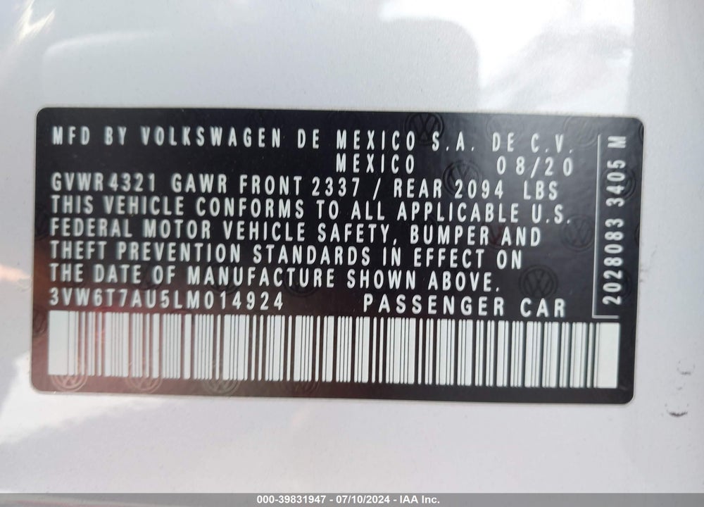 2020 VOLKSWAGEN GOLF GTI 2.0T AUTOBAHN/2.0T S/2.0T SE VIN: 3VW6T7AU5LM014924