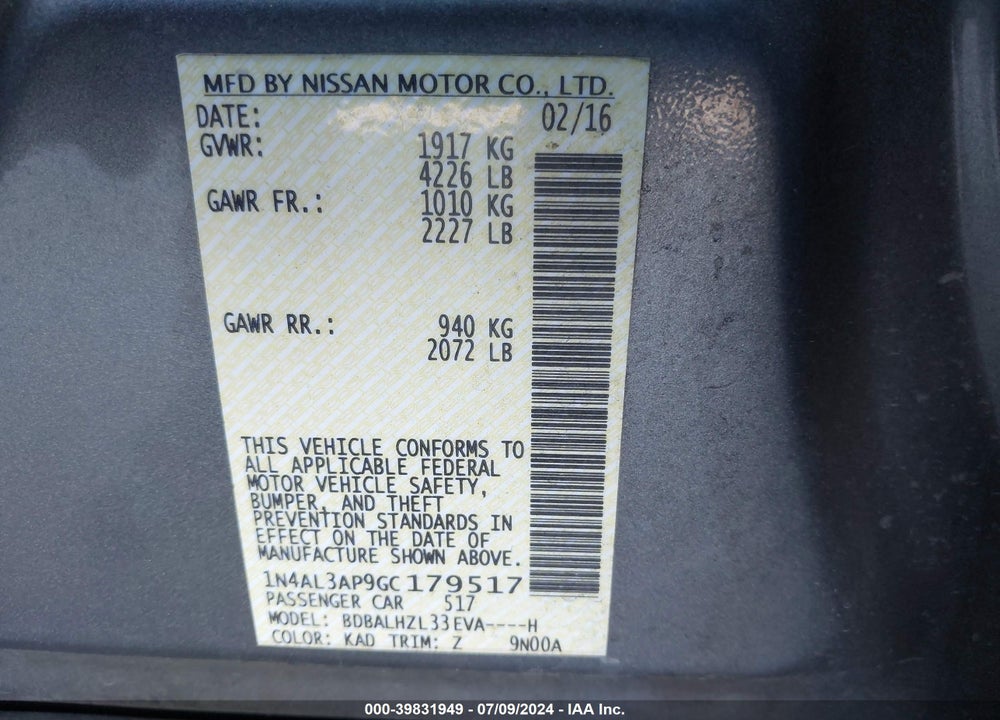 2016 NISSAN ALTIMA 2.5 SR VIN: 1N4AL3AP9GC179517