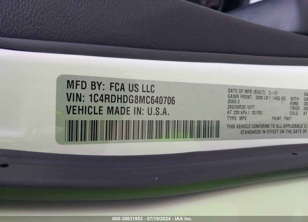 2021 DODGE DURANGO GT RWD VIN: 1C4RDHDG8MC640706