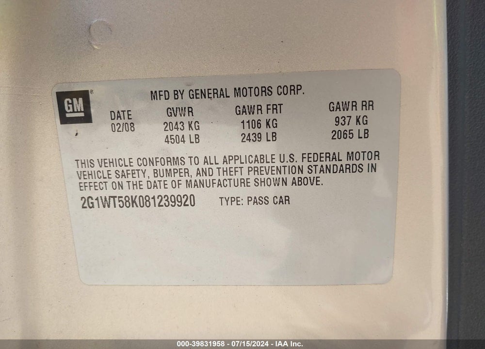 2008 CHEVROLET IMPALA LT VIN: 2G1WT58K081239920