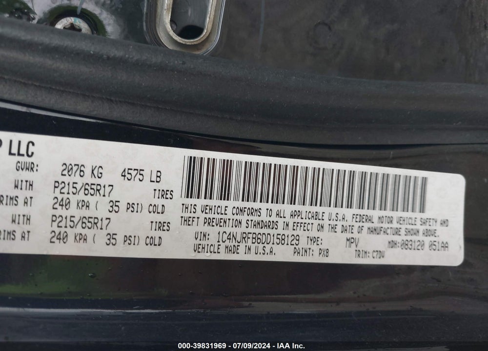 2013 JEEP PATRIOT LATITUDE VIN: 1C4NJRFB6DD158129