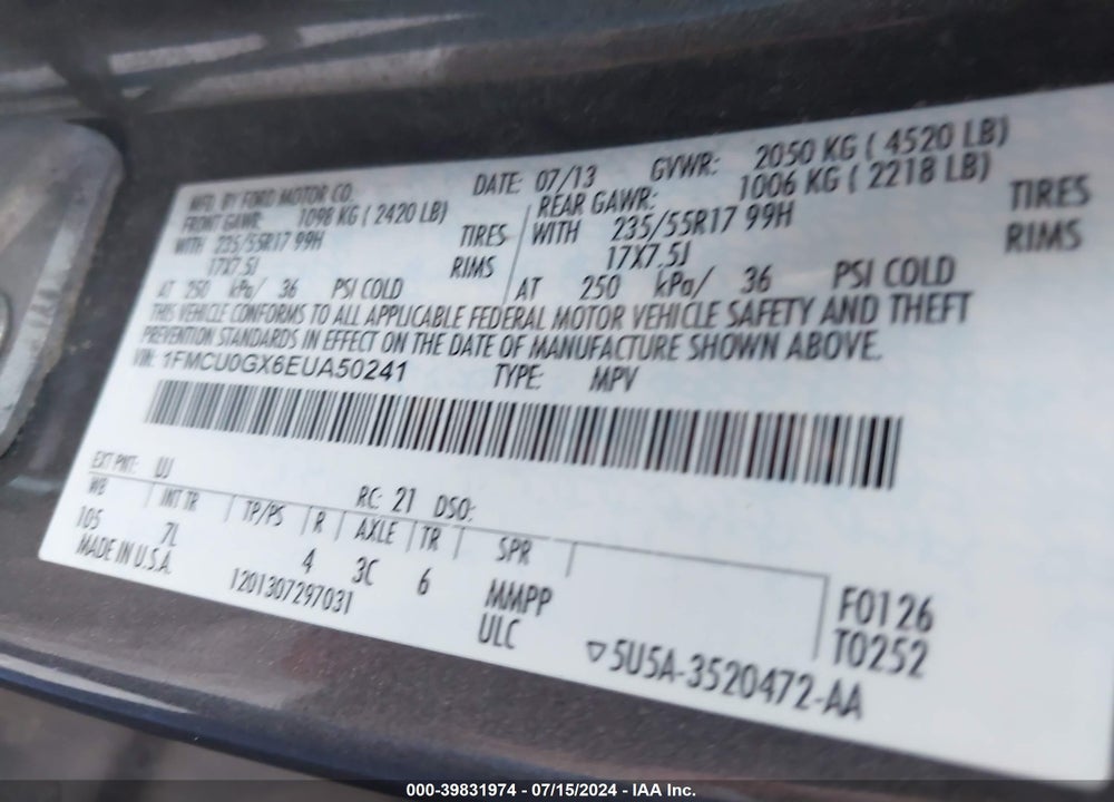 2014 FORD ESCAPE SE VIN: 1FMCU0GX6EUA50241