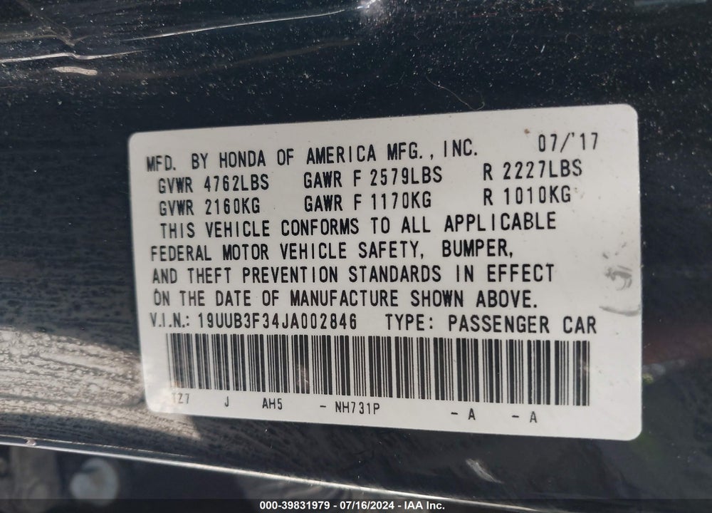 2018 ACURA TLX VIN: 19UUB3F34JA002846