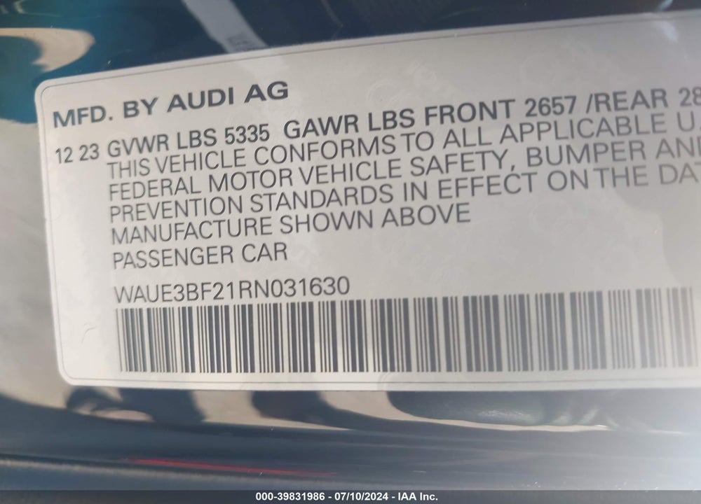 2024 AUDI A6 PREMIUM PLUS 45 TFSI QUATTRO S TRONIC VIN: WAUE3BF21RN031630