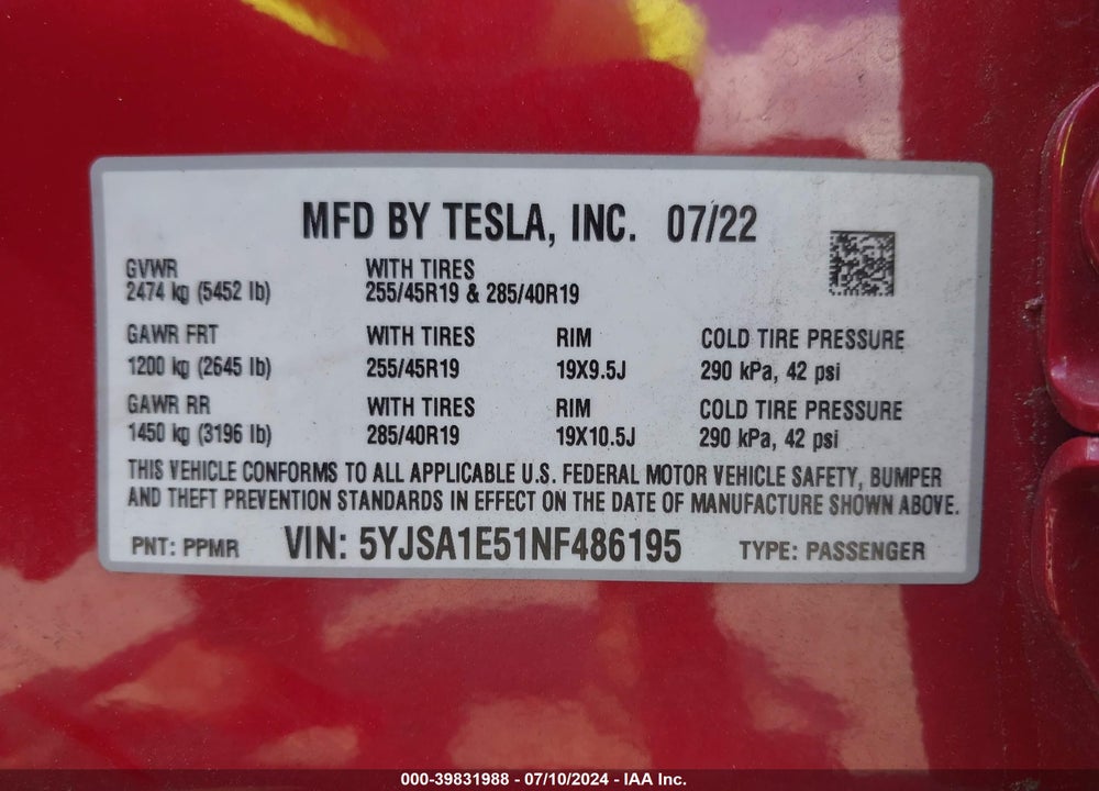2022 TESLA MODEL S DUAL MOTOR ALL-WHEEL DRIVE VIN: 5YJSA1E51NF486195
