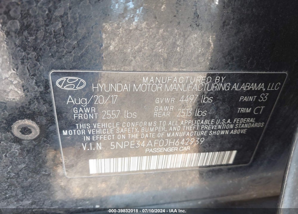 2018 HYUNDAI SONATA SPORT VIN: 5NPE34AF0JH642939