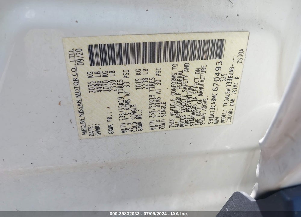 2021 NISSAN ROGUE SL FWD VIN: 5N1AT3CA8MC670493
